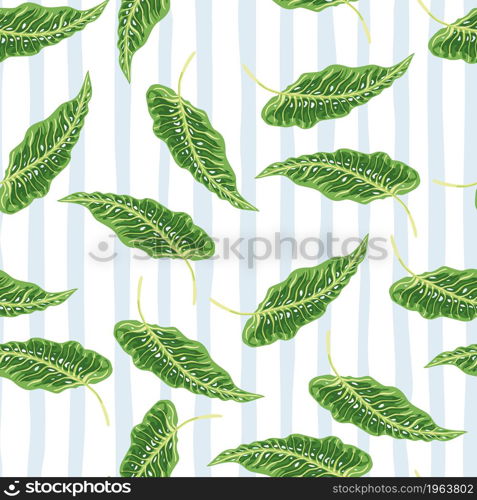 Organic tropical seamless pattern with leaves on stripe background. Modern botanical foliage plants wallpaper. Exotic hawaiian backdrop. Design for fabric, textile print, wrapping, cover. Organic tropical seamless pattern with leaves on stripe background.