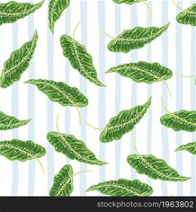 Organic tropical seamless pattern with leaves on stripe background. Modern botanical foliage plants wallpaper. Exotic hawaiian backdrop. Design for fabric, textile print, wrapping, cover. Organic tropical seamless pattern with leaves on stripe background.