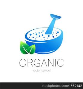 Organic vector symbol in blue and green color. Concept logo for business. Herbal sign logotype for medicine, homeopathy, therapy and pharmacy. Emblem with mortar and pestle isolated on white. Organic vector symbol in blue and green color. Concept logo for business. Herbal sign logotype for medicine, homeopathy, therapy and pharmacy. Emblem with mortar and pestle isolated on white .