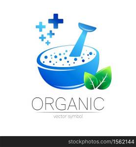 Organic vector symbol in blue and green color. Concept logo for business. Herbal sign with leaf and cross for medicine, homeopathy, therapy and pharmacy. Emblem with mortar and pestle on white. Organic vector symbol in blue and green color. Concept logo for business. Herbal sign with leaf and cross for medicine, homeopathy, therapy and pharmacy. Emblem with mortar and pestle on white.