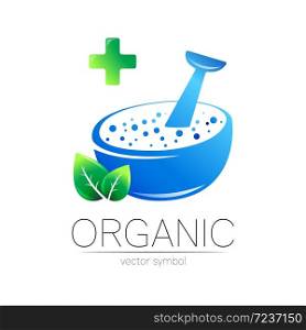 Organic vector symbol in blue and green color. Concept logo for business. Herbal sign logotype with leaf and cross for medicine, homeopathy, therapy, pharmacy. Emblem mortar, pestle isolated on white.. Organic vector symbol in blue and green color. Concept logo for business. Herbal sign logotype with leaf and cross for medicine, homeopathy, therapy, pharmacy. Emblem mortar, pestle isolated on white
