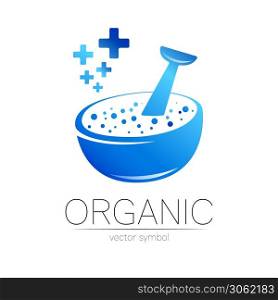 Organic vector symbol in blue color. Concept logo for business. Herbal sign with few cross for medicine, homeopathy, therapy and pharmacy. Logotype with mortar and pestle isolated on white background. Organic vector symbol in blue color. Concept logo for business. Herbal sign with few cross for medicine, homeopathy, therapy and pharmacy. Logotype with mortar and pestle isolated on white background.