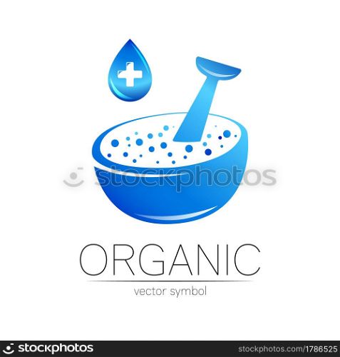 Organic vector symbol in blue color. Concept logo with cross and drop for business. Herbal sign for medicine, homeopathy, therapy and pharmacy. Emblem logotype mortar and pestle isolated on white. Organic vector symbol in blue color. Concept logo with cross and drop for business. Herbal sign for medicine, homeopathy, therapy and pharmacy. Emblem logotype mortar and pestle isolated on white.