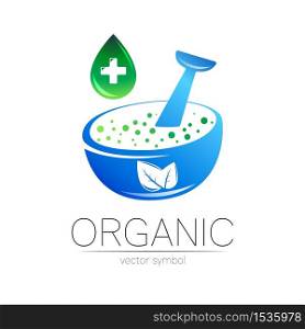 Organic vector symbol in blue color. Concept logo with cross and green drop for business. Herbal sign for medicine, homeopathy, therapy and pharmacy. Emblem with mortar and pestle on white background. Organic vector symbol in blue color. Concept logo with cross and green drop for business. Herbal sign for medicine, homeopathy, therapy and pharmacy. Emblem with mortar and pestle on white background.
