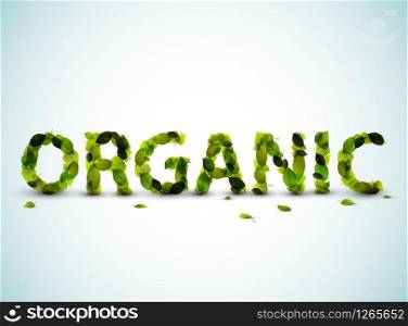 Organic - vector word made from fresh green leafs on a blue background