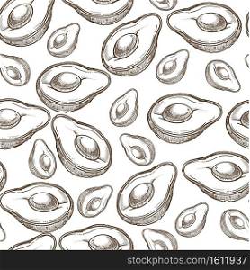 Organic vegetable with seed, avocado seamless pattern. Oily berry, cosmetics or cooking. Essential aromatic plant for skin and hair treatment. Monochrome sketch outline, vector in flat style. Avocado with seed, organic vegetable seamless pattern vector