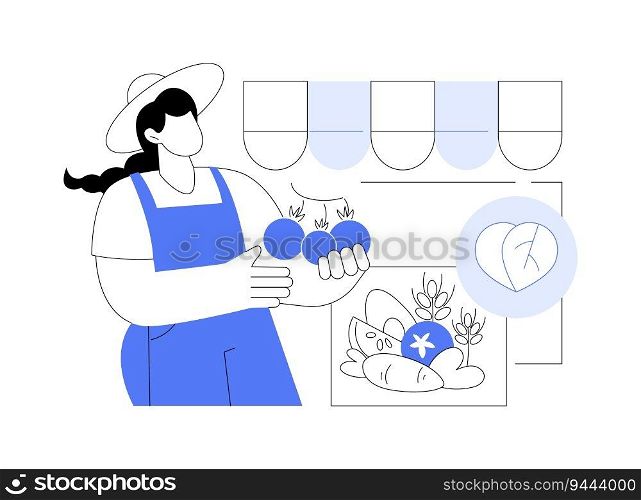 Organic vegetables abstract concept vector illustration. Woman sells organic tomatoes on market, ecology industry, healthy vegetables, genetic engineering, vitamin seasoning abstract metaphor.. Organic vegetables abstract concept vector illustration.