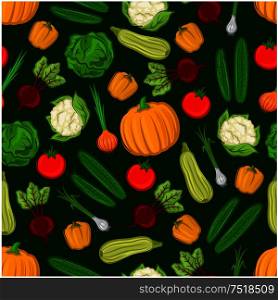 Organic vegetables seamless background. Vector vegetarian wallpaper with pattern of tomato, pepper, beet, squash, zucchini, paprika, cauliflower, pumpkin cabbage onion cucumber. Organic vegetables seamless background