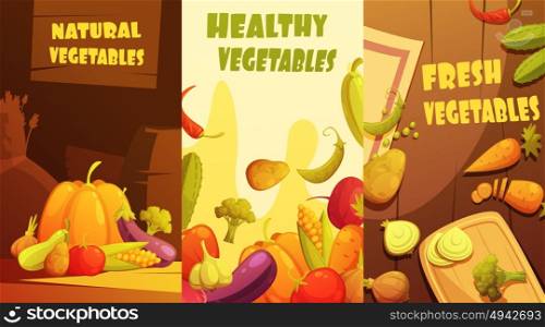Organic Vegetables Vertical Banners Cartoon Poster . Fresh healthy organic farmers market vegetables vertical banners composition poster retro cartoon style isolated vector illustration