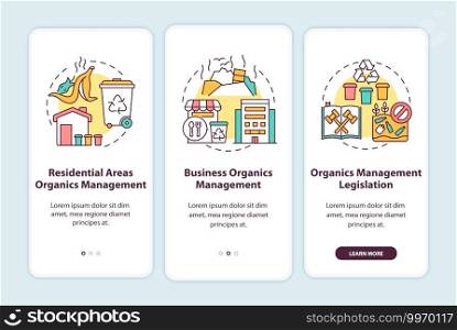 Organic waste diversion initiatives onboarding mobile app page screen with concepts. Legislation, business walkthrough 3 steps graphic instructions. UI vector template with RGB color illustrations. Organic waste diversion initiatives onboarding mobile app page screen with concepts