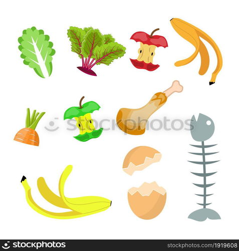 Organic waste, food compost collection Banana, egg , fish bone and apple stump. Vector illustration in flat style. Organic waste, food compost collection