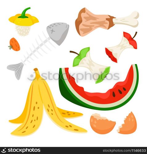 Organic waste, food compost collection isolated on white background. Banana and watermelon rind, fish bone and apple stump vector illustration. Organic waste, food compost rubbish isolated on white background. Banana and watermelon rind, fish bone and apple stump