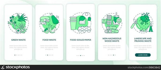 Organic waste kinds onboarding mobile app page screen with concepts. Green, food-soiled, wood waste walkthrough 5 steps graphic instructions. UI vector template with RGB color illustrations. Organic waste kinds onboarding mobile app page screen with concepts