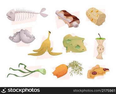Organic waste. Meal fruits various food recycling products trash plastic bin exact vector cartoon collection. Illustration compost cheese and core of corn, bone fish. Organic waste. Meal fruits various food recycling products trash plastic bin exact vector cartoon collection