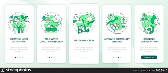 Organic waste reducing onboarding mobile app page screen with concepts. Climate change, community welfare walkthrough 5 steps graphic instructions. UI vector template with RGB color illustrations. Organic waste reducing onboarding mobile app page screen with concepts