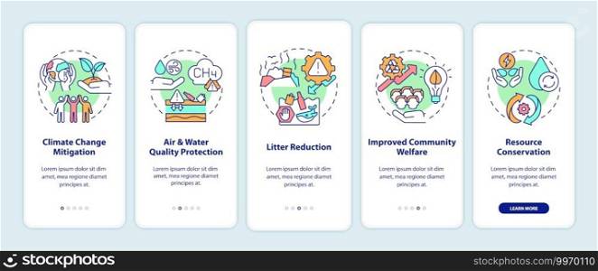 Organic waste reduction benefits onboarding mobile app page screen with concepts. Climate change mitigation walkthrough 5 steps graphic instructions. UI vector template with RGB color illustrations. Organic waste reduction benefits onboarding mobile app page screen with concepts