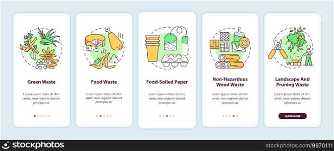 Organic waste types onboarding mobile app page screen with concepts. Green, food, non-hazardous wood waste walkthrough 5 steps graphic instructions. UI vector template with RGB color illustrations. Organic waste types onboarding mobile app page screen with concepts
