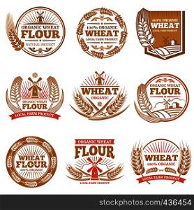 Organic wheat flour, farming grain products vector labels and logos. Flour badge market illustration. Organic wheat flour, farming grain products vector labels and logos