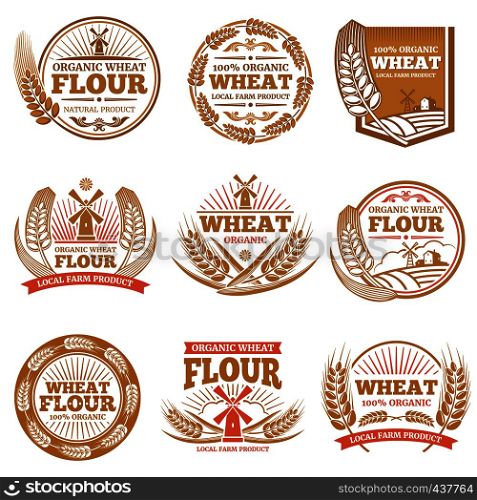 Organic wheat flour, farming grain products vector labels and logos. Flour badge market illustration. Organic wheat flour, farming grain products vector labels and logos