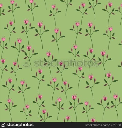 Organic wildflower seamless pattern on green background. Abstract botanical design. Elegant floral ornament. Nature wallpaper. For fabric, textile print, wrapping, cover. Vector illustration. Organic wildflower seamless pattern on green background.