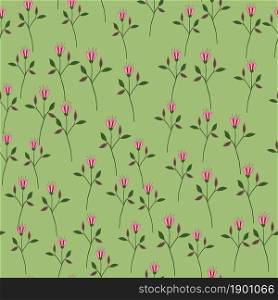 Organic wildflower seamless pattern on green background. Abstract botanical design. Elegant floral ornament. Nature wallpaper. For fabric, textile print, wrapping, cover. Vector illustration. Organic wildflower seamless pattern on green background.