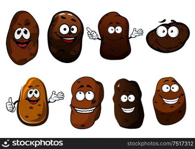 Organically grown funny ripe potatoes vegetables cartoon characters with rough brown peel and happy smiling faces. Great for agriculture harvest, recipe book or children menu design. Cartoon funny smiling potatoes vegetables