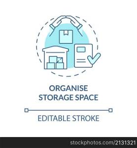 Organise storage space turquoise concept icon. Warehouse for delivery abstract idea thin line illustration. Isolated outline drawing. Editable stroke. Roboto-Medium, Myriad Pro-Bold fonts used. Organise storage space turquoise concept icon