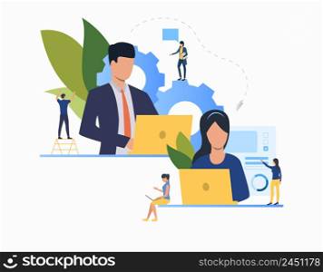 Organization flat icon. Person working at laptop, company structure, unit, department. Teamwork concept. Can be used for topics like leadership, unity, distance work. Organization flat icon