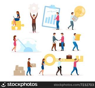 Organization functioning flat vector illustration set. Company employees working together. Business model. Teamwork, cooperation. Effective workflow. Isolated cartoon character on white background. Organization functioning flat vector illustration set