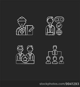 Organization hierarchy chalk white icons set on black background. Supervisor. CEO. Directors board. Hierarchy in business. Providing guidance and support. Isolated vector chalkboard illustrations. Organization hierarchy chalk white icons set on black background