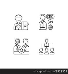 Organization hierarchy linear icons set. Supervisor. CEO. Directors board. Hierarchy in business. Customizable thin line contour symbols. Isolated vector outline illustrations. Editable stroke. Organization hierarchy linear icons set