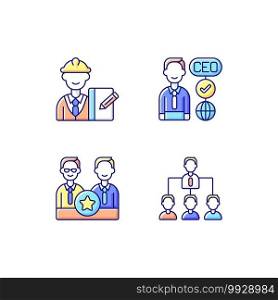 Organization hierarchy RGB color icons set. Supervisor. CEO. Directors board. Hierarchy in business. Providing guidance and support. Highest-ranking person in company. Isolated vector illustrations. Organization hierarchy RGB color icons set