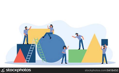 Organization partnership character create geometric puzzle man and woman. Business person vector illustration concept background. Teamwork building piece jigsaw shape. Connect basic block figure