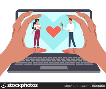 Organization personal meetings. Cartoon person works at computer and helps to organize romantic date. Management of lovers dating. Laptop and female hands. Digital app for appointments. Vector concept. Organization personal meetings. Person works at computer and helps to organize romantic date. Management of lovers dating. Laptop and female hands. App for appointments. Vector concept