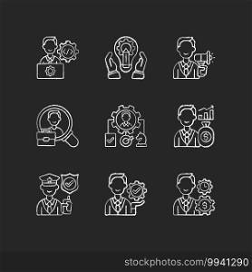Organization structure chalk white icons set on black background. IT department. Generating ideas. Advertisement. Human resource. Operations management. Isolated vector chalkboard illustrations. Organization structure chalk white icons set on black background