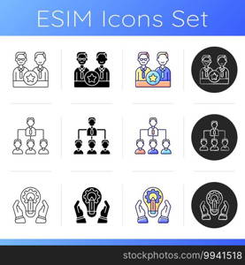 Organization structure icons set. Directors board. Leader and subordinates layers. Development department. Executive staff. Linear, black and RGB color styles. Isolated vector illustrations. Organization structure icons set