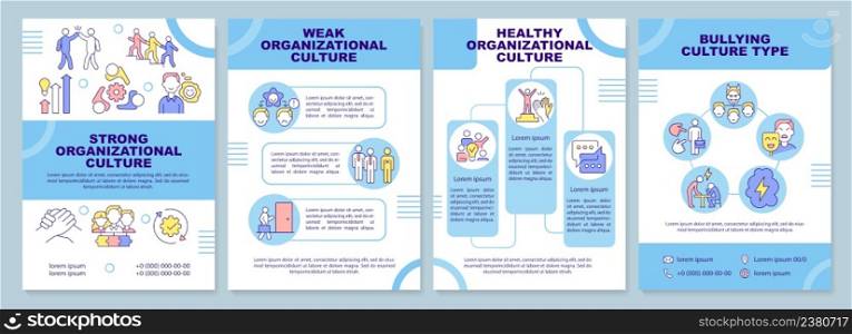 Organizational culture types brochure template. Work environment. Leaflet design with linear icons. 4 vector layouts for presentation, annual reports. Arial-Black, Myriad Pro-Regular fonts used. Organizational culture types brochure template
