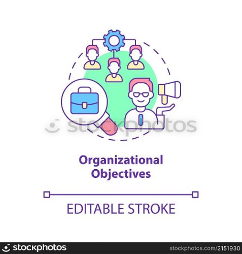 Organizational objectives concept icon. Planning, management. Human resources abstract idea thin line illustration. Isolated outline drawing. Editable stroke. Roboto-Medium, Myriad Pro-Bold fonts used. Organizational objectives concept icon