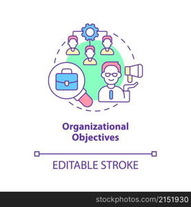 Organizational objectives concept icon. Planning, management. Human resources abstract idea thin line illustration. Isolated outline drawing. Editable stroke. Roboto-Medium, Myriad Pro-Bold fonts used. Organizational objectives concept icon