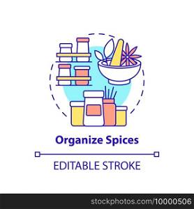 Organize spices concept icon. Place alphabetically and categorize by use idea thin line illustration. Handy spice organizers. Vector isolated outline RGB color drawing. Editable stroke. Organize spices concept icon