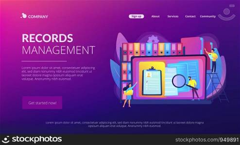 Organized archive. Searching files in database. Records management, records and information management, documents tracking system concept. Website homepage landing web page template.. Records management concept landing page