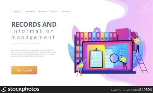 Organized archive. Searching files in database. Records management, records and information management, documents tracking system concept. Website homepage landing web page template.. Records management concept landing page