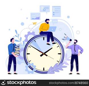 Organized office work. Employee sitting at big clock and working at laptop to meet deadline. Manager holding loudspeaker and shouting at colleague. Time management concept vector illustration. Organized office work. Employee sitting at big clock and working at laptop to meet deadline. Manager holding loudspeaker