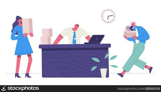 Organized office work. Successful time management, man sitting at desk and working at laptop. Female and male employees carrying documents and folders. People with paperwork, deadline vector. Organized office work. Successful time management, man sitting at desk and working at laptop. Female and male employees