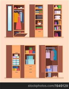 Organized wardrobe. Shelves with clothes interior furniture for jackets pants and shoes vector cartoon set. Wardrobe clothing, shelf in furniture illustration. Organized wardrobe. Shelves with clothes interior furniture for jackets pants and shoes vector cartoon set