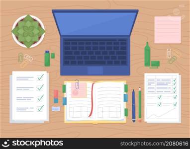 Organized workspace flat color vector illustration. Laptop computer. Notebooks with planning tasks. Student textbooks. Top view 2D cartoon illustration with desktop on background collection. Organized workspace flat color vector illustration