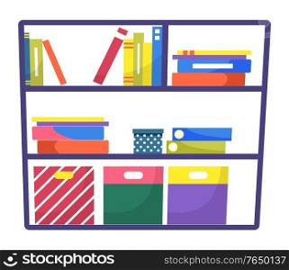 Organizer for books and files. Isolated shelf loaded with documents and papers. Office, school or home furniture for organization of working space. Bookshelf for interior composition making vector. Shelf with Books and File, Folders for Work Vector