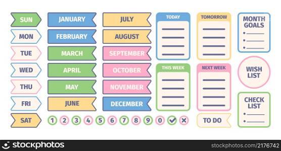 Organizer stickers. Calendar scrapbook elements for daily pages design journal or self planning notebook papers diary organizing labels vector illustrations. Scrapbook calendar and planner days. Organizer stickers. Calendar scrapbook elements for daily pages design templates journal or self planning notebook papers diary organizing labels garish vector illustrations