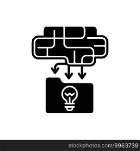 Organizing information black glyph icon. Creative way for solving problems. Creative thinking and solutions. High reasoning skill. Silhouette symbol on white space. Vector isolated illustration. Organizing information black glyph icon