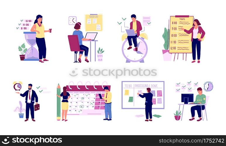 Organizing office work. Successful people planning work and scheduling. Effective time management concept. Cartoon workers write down priority goals and control timetable. Vector workflow optimization. Organizing office work. People planning work and scheduling. Effective time management concept. Workers write down priority goals and control timetable. Vector workflow optimization